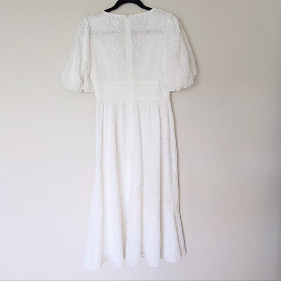 SHOSHANNA Jordi Optic White Eyelet Puff Sleeve V Neck Asymmetrical Midi Dress - Picture 6 of 9